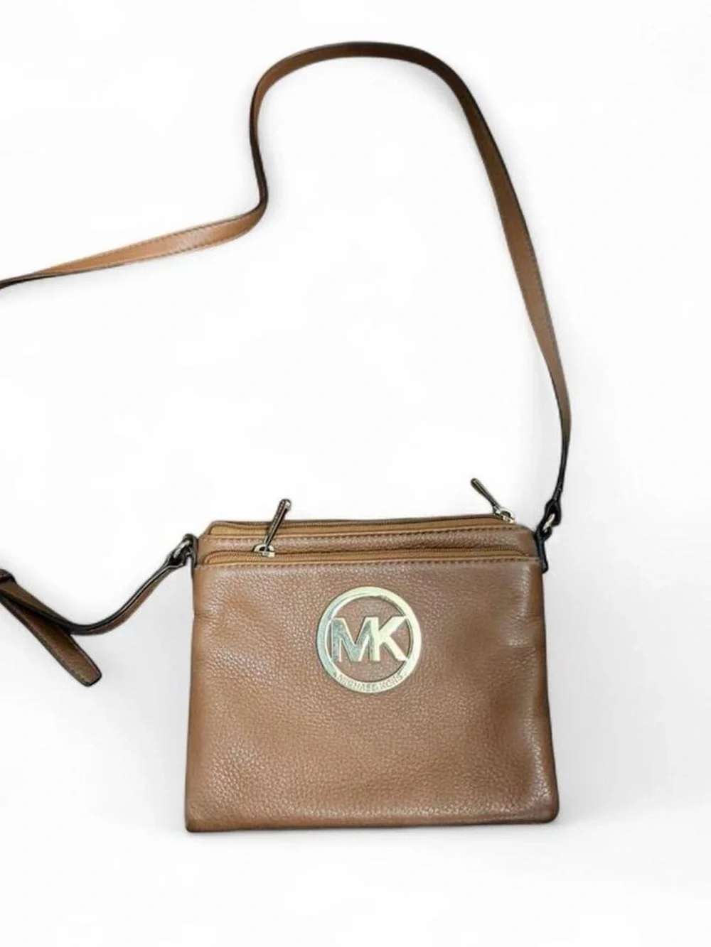 Michael Kors Cognac Leather Crossbody with Gold MK Emblem